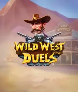  Иллюстрация игрового автомата "Wild West Duels" от Pragmatic Play, на котором изображён храбрый ковбой с двумя пистолетами. На фоне пустынная местность с одиноким салуном. Идеально подходит для поклонников жанра вестерн и азартных игр.